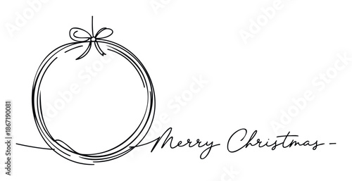 A simple line drawing of a hanging Christmas ornament with a festive bow and elegant Merry Christmas script text ideal for holiday greeting designs and seasonal marketing materials.