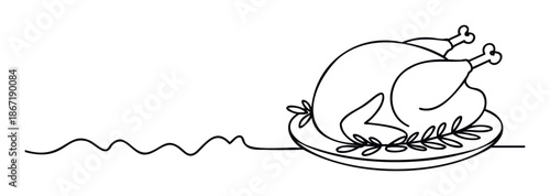 Continuous line drawing of a roasted turkey or chicken on a platter with olive leaves, ideal for holiday menu graphics or festive dinner invitations.