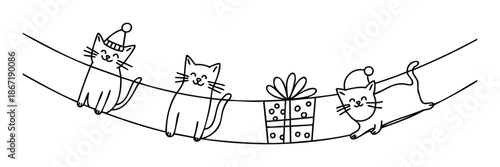 Playful cats with festive hats and a cheerful gift box hanging on a curved line, ideal for holiday greetings, party invitations, or childrens book covers.