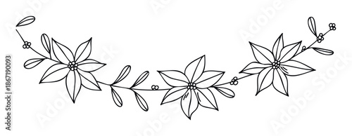 Elegant black and white outline of festive winter foliage featuring poinsettia flowers and berries on a delicate vine, perfect for holiday greetings and seasonal decorative graphic