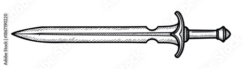 Detailed hand drawn medieval short sword or dagger engraving style graphic offering a historical weapon symbol for fantasy game development or educational material.