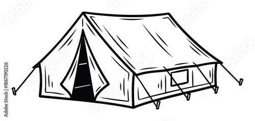 Simple black outline drawing of an outdoor shelter suitable for nature exploration themes, recreational event advertisements, and hiking trip promotions.