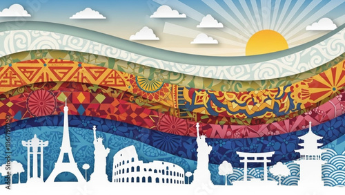 Vibrant global cityscape with iconic landmarks and colorful patterns under sunny sky with cultural exchange and international diversity and urban landscape