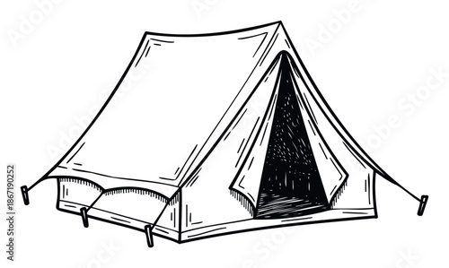 Classic expedition tent drawing for outdoor activity promotions and wilderness survival guides perfect for nature event graphics and travel blogs