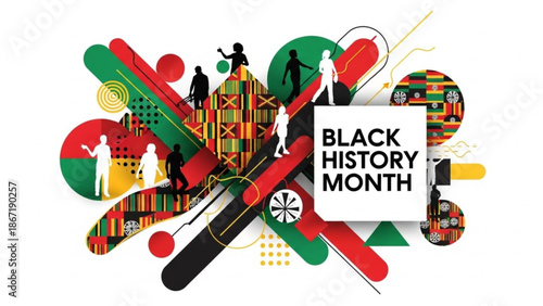 Vibrant black history month celebration graphic with diverse silhouettes and traditional african patterns on white background with illustration