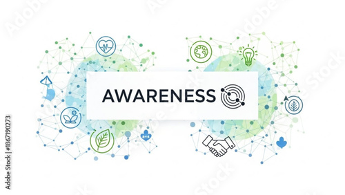 Awareness concept with eco friendly and social responsibility icons on a network background with sustainability and environment and ecology and green