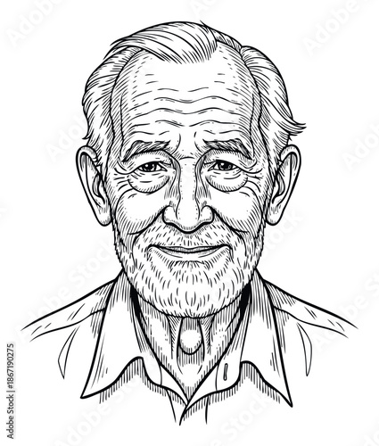 Detailed line drawing of a smiling elderly man with a beard, perfect for conveying wisdom, experience, and happiness in print media, digital presentations, and visual communication designs.
