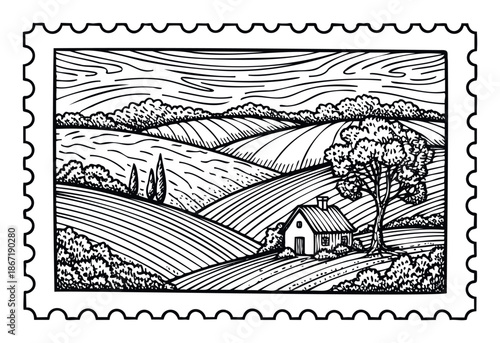 Hand drawn black and white rural landscape with fields and a farmhouse in a postage stamp frame, perfect for vintage travel or country living design projects