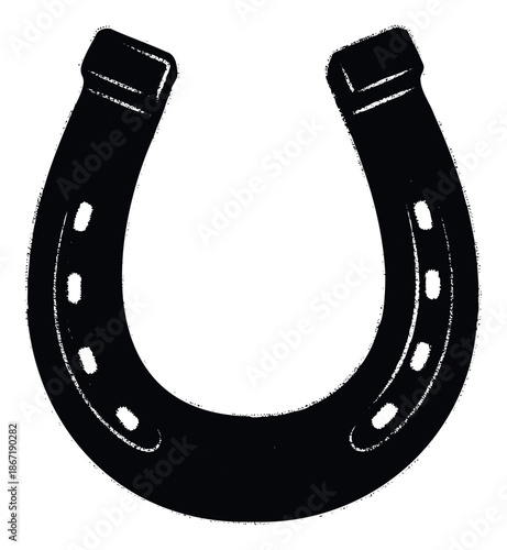 Black horseshoe silhouette with distressed texture and nail holes for westernthemed branding, good luck symbols, farmhouse decor, and rustic design projects