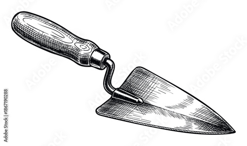 Classic gardening trowel presented in a detailed handdrawn engraving style, ideal for horticultural publications, DIY outdoor projects, and agricultural educational materials.