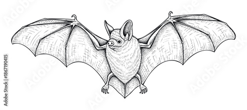 Engraved flying bat animal with spread wings looking forward, perfect for wildlife educational materials, Halloween celebrations, or naturethemed graphic projects