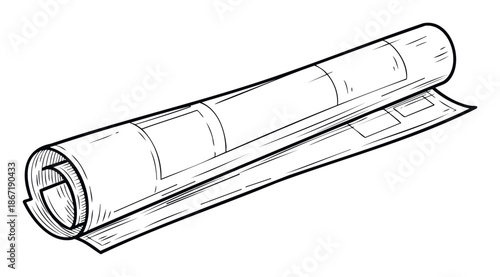 Detailed black and white sketch of a rolled engineering blueprint paper ideal for illustrating architectural design concepts and construction planning visuals