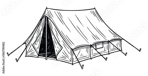 A classic outdoor camping tent drawing evoking adventure and wilderness exploration for travel and recreation related marketing or educational projects.