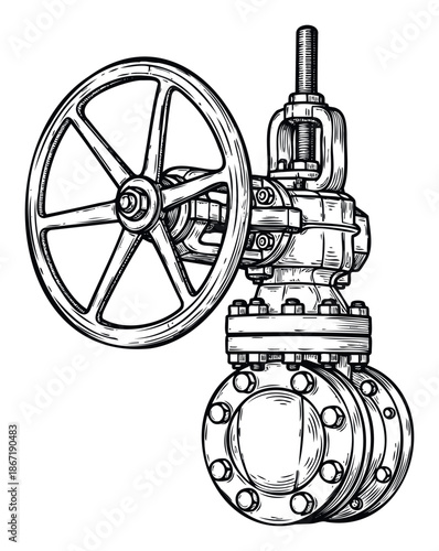 Industrial pipeline valve with large handwheel and flanges in black and white technical blueprint style suitable for engineering and manufacturing industry projects