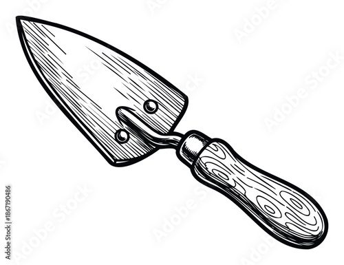 Detailed black outline drawing of a garden trowel with a wooden handle, perfect for horticulture blogs, landscaping service promotional materials, and DIY project guides