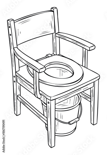 Line drawing of a vintage wooden commode chair with a toilet seat and collection bucket underneath, useful for medical equipment catalogs and elderly care product guides.