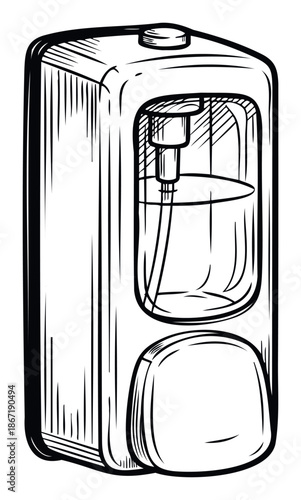 Handdrawn sketch of a wallmounted soap dispenser, perfect for hygiene product promotions, bathroom decor guides, or personal care related publications.