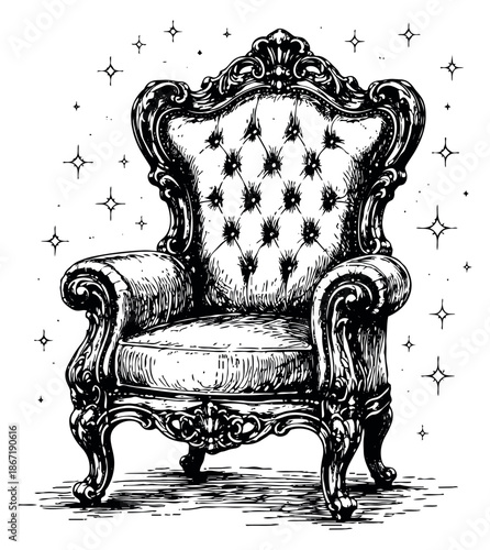 Hand drawn line art illustration of a luxurious armchair depicting baroque style for vintage concepts