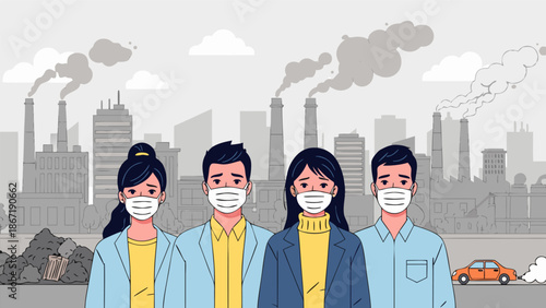 Vector illustration of people wearing masks with industrial pollution in the background