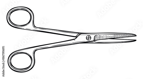 Detailed line drawing of precision surgical scissors for medical professionals and healthcare practitioners, ideal for educational illustrations and graphic design projects