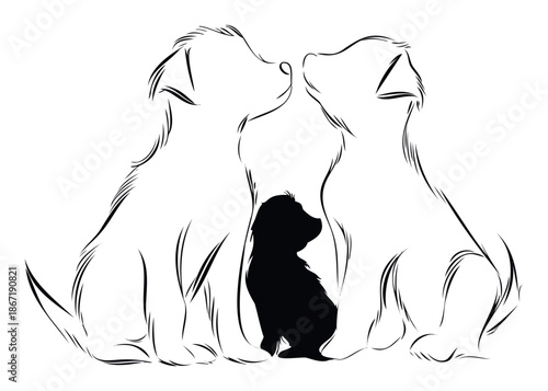 Elegant line drawing of two loving adult dogs looking at their adorable new puppy, symbolizing a strong family bond and parental care, perfect for pet industry branding or heartwarming