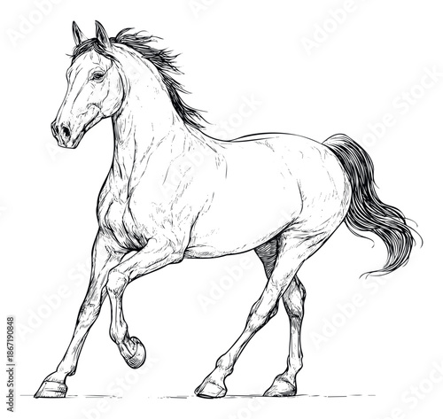 Dynamic black and white line drawing depicting a powerful galloping horse suitable for equestrian sport publications nature themed branding or educational content