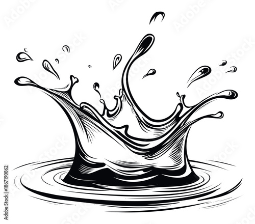 Dynamic liquid splash creating energetic ripples and drops, perfect for conveying freshness and movement in beverage or cosmetic product promotions and scientific graphics
