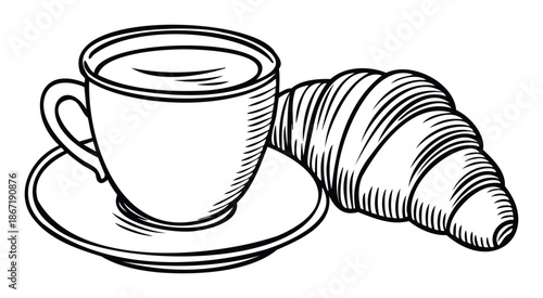 Steaming cup of morning coffee or tea on a saucer presented alongside a freshly baked flaky croissant, ideal for cafe branding, restaurant menus, or breakfast advertisements.