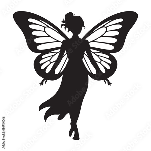 Magical fairy woman in gown with wide butterfly wings black silhouette icon Magical fairy woman in gown with wide butterfly wings black silhouette icon