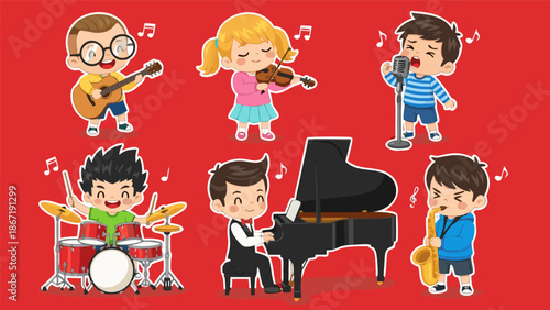Cartoon Children Playing Musical Instruments, A Delightful Vector Illustration for Music Education and Fun
