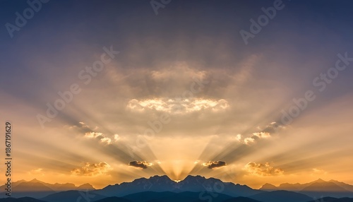 Dramatic sunset over mountains with shining rays of light and cloudy sky