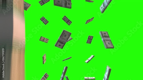 Falling Money US Dollar Bills Green Screen Animation. Cash Rain animation effect chroma key green screen background.