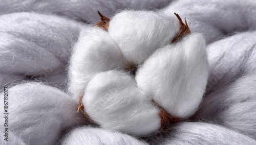 Loose white polyester fibers are piled loosely; they form fluffy synthetic textile material for manufacturing, serving as a soft, lightweight raw material for industrial use