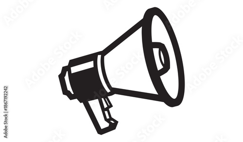 Black and white illustration of a classic handheld megaphone for announcements and public speaking