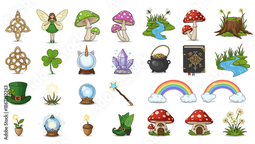 Collection of whimsical fantasy icons including mushrooms, fairies, and magical objects