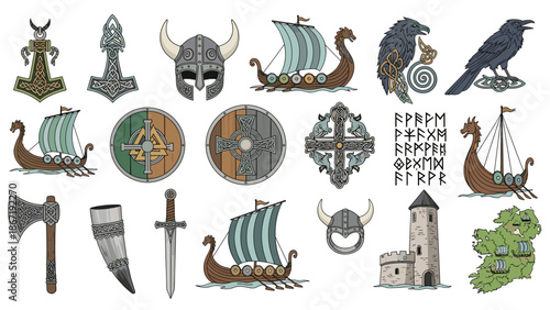 Viking icons and symbols including ships, helmets, axes, and shields
