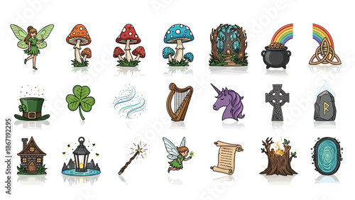 Whimsical celtic and fantasy icons including fairies, mushrooms, and magical symbols