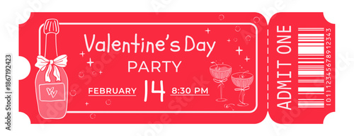 Vintage whimsical Valentines Day party ticket with champagne bottle and retro typography in red bg. Romantic admission coquette design in red for event invitation, birthday, wedding 