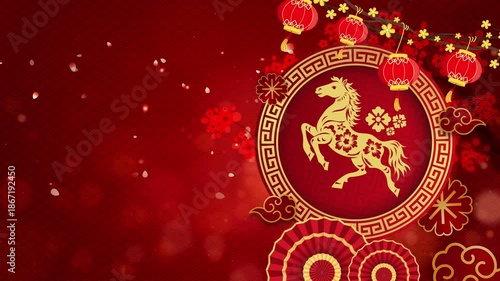 Red Chinese New Year Horse Celebration Background with Lanterns and Flowers