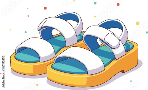 Vector graphic illustration of colorful white and blue sandals with yellow soles
