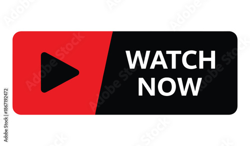 Red and black play button with watch now text on white background