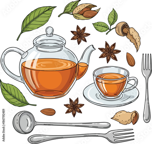 Vector illustration of tea time with teapot cup and utensils