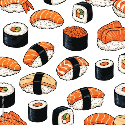 Vector sushi pattern background with various rolls and sashimi pieces