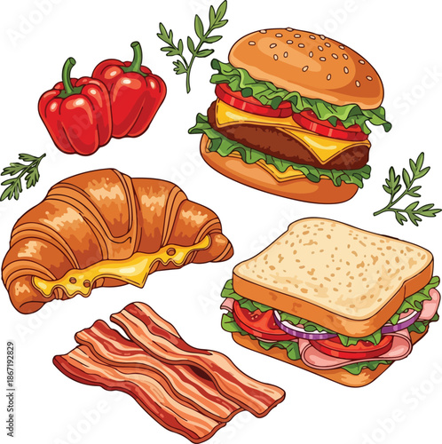 Vector illustration of tasty sandwiches and bacon with fresh vegetables