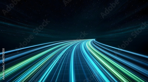 Futuristic road with glowing lines, conveying speed and motion through starry night sky

