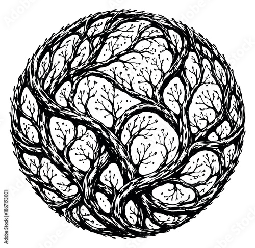Hand drawn line art illustration of intricate tree branches depicting a spherical tangle for nature and growth concepts