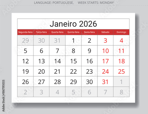 Portuguese January 2026 month calendar planner - Janeiro. Monthly page illustration for Portugal