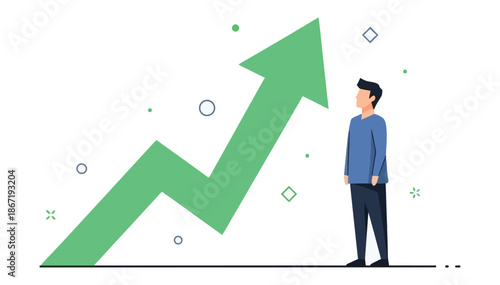Vector illustration of a man observing a large green upward arrow, symbolizing growth and positive business direction