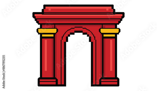 Red archway with yellow accents on columns and white background