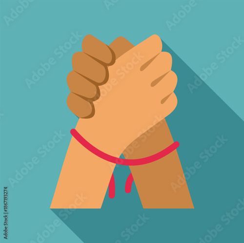 Clasped hands tied with a red string on a blue background symbolizing connection and relationship